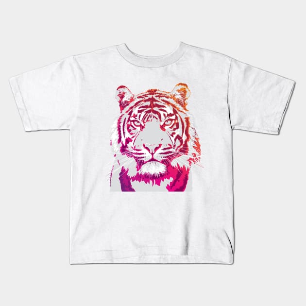 Bright Pink and Orange Neon Tiger Art Kids T-Shirt by polliadesign